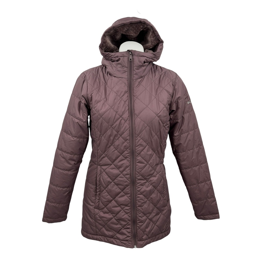 Columbia Copper Crest Fleece Quilted Jacket Women SZ M Purple Hooded Full Zip